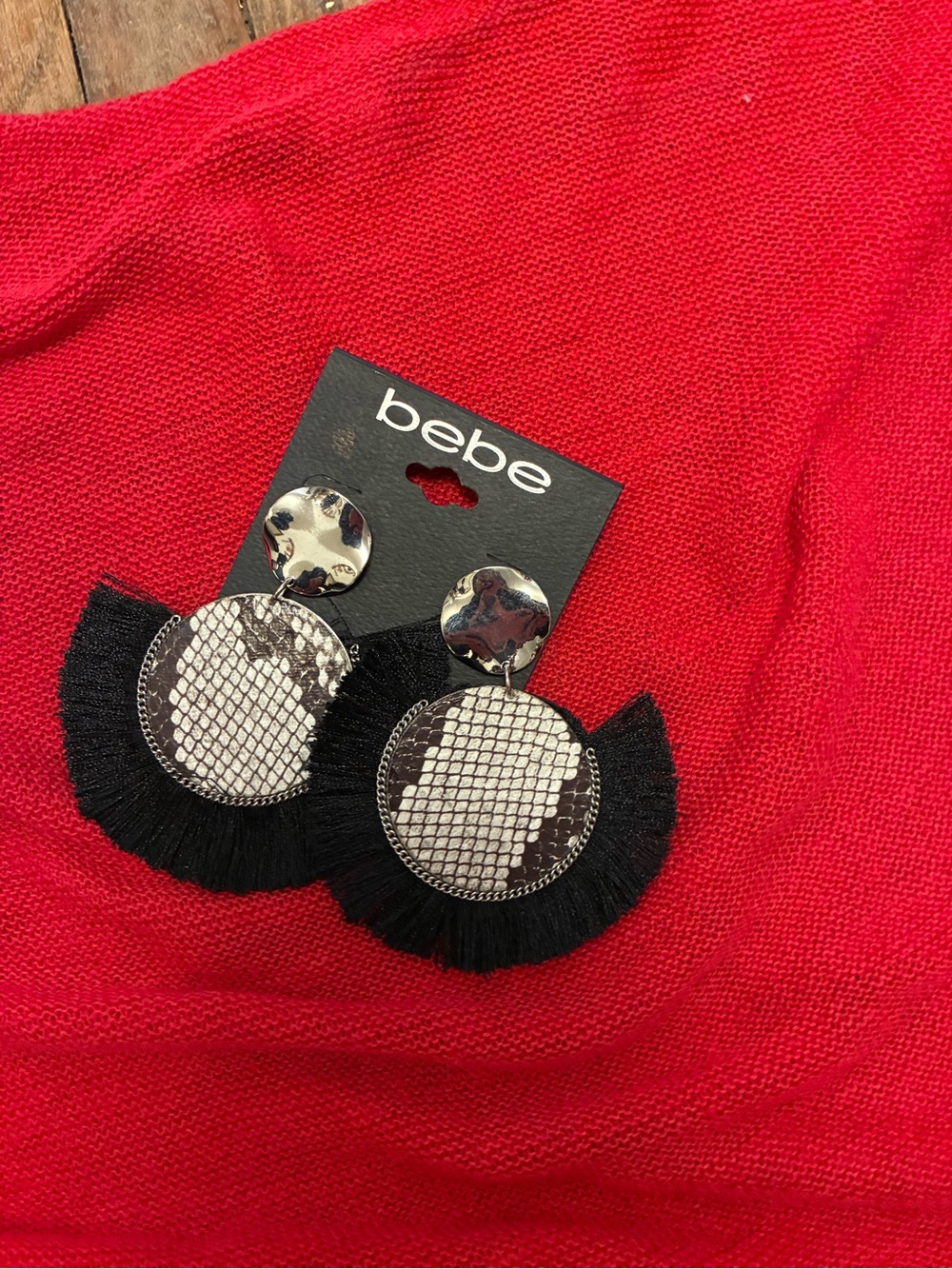 NWT Bebe Black Fringe Snake-Print Statement Earrings